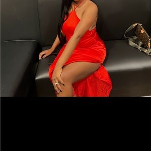 Red , halter dress , tied at back of neck , worn once , thigh split